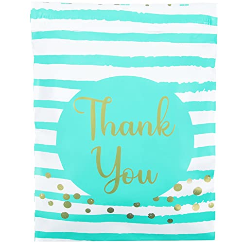 Image of Inspired Mailers - Poly Mailers 10x13 - 20 Pack - Thank You Poly Mailers Confetti and Stripes (Aqua /Gold) - Mailing Bags - 10x13 Mailers Poly Bags - Packing Envelopes
