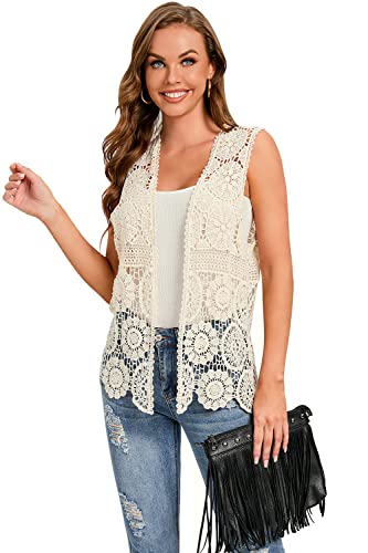 Women's Crochet Vest Sleeveless Boho Lace Cardigan (Round Flower Apricot)4