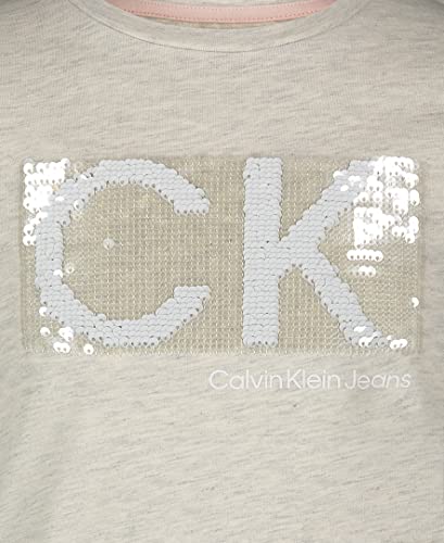 Calvin Klein Girls' Short Sleeve T-Shirt Dress, Pullover Style With Crew-Neck Neckline, Logo Detailing, Putty Beige Sequins, 12-14 #TOP2