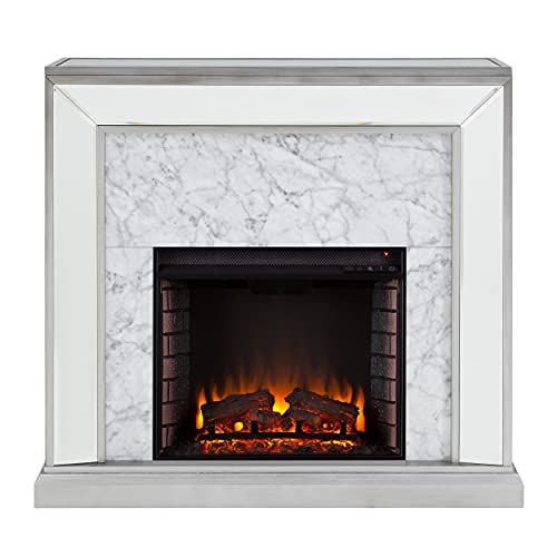 SEI Furniture Trandling Mirrored & Faux Electric Fireplace, Antique Silver/White Marble