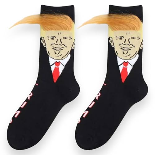 LYF STILE Donald Trump Novelty Socks - Black Cotton Blend With Yellow Hair - Unisex UK Size Regular 5-11 - 1 Pair