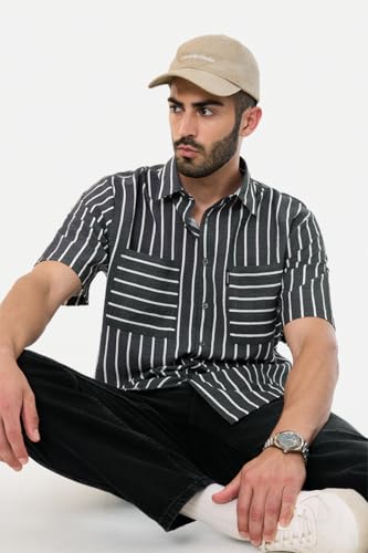 Image of SNITCH Men Casual Plus Size Shirt | Regular Fit Full Sleeve Mandarin Collar Striped Design | Premium Cotton Linen Blend & Breathable Fabric for Office & Everyday Wear