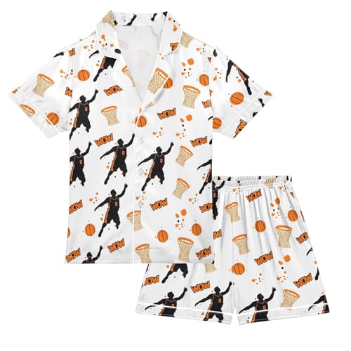 ALAZA Shooting Basketball Cartoon Satin Pajamas Set Short Sleeve Button Down Sleepwear Summer Pjs 2 Piece