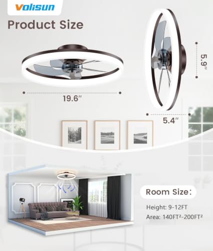 Image of VOLISUN Low Profile Ceiling Fans with Lights and Remote, 20in Fandelier Ceiling Fan Flush Mount, 3000K-6500K Smart Bladeless LED Fan Light, Brown Modern Ceiling Fans with Lights for Bedroom