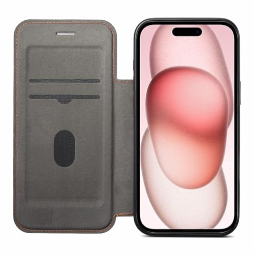 Image of Cubix Flip Cover for iPhone 15 | Pebble-Grain Texture | N52 High-Strength Magnet | Magnetic Wireless Charging Compatible | 2 Card Slot | Slim Full Cover (Black)