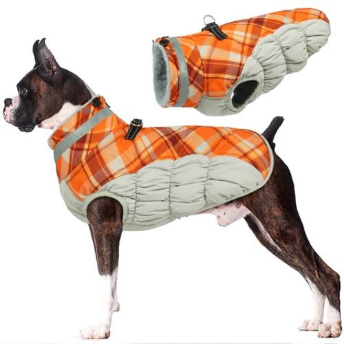 Image of Lelepet Warm Dog Winter Coat Dog Coats for Large Dogs Waterproof Jacket | Reflective Cold Weather Coats with Harness Windproof Zip-Up Winter Fleece Vest Padded Pet Snowsuit Boxer Orange Plaid XL