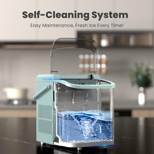 Image of DUMOS Countertop Ice Maker with Handle, 26lbs /24H Portable Ice Machine | 9 Bullet Cubes Ready in 6 Mins, Self-Cleaning, Quiet Compact for Home, Kitchen, RV, Camping, Green