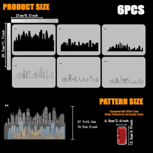 FINGERINSPIRE 6 peças de estêncil de horizonte de cidade em camadas, 29,7 x 21 cm, reutilizável, pad