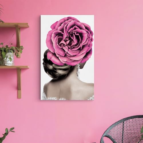 Image of PAINTINGMANTRA Stretched Modern Canvas Wall Art Painting, Women Pink Rose Artwork for Living Room, Home, Bedroom, Office Decoration (Set of 1, 16x22 Inch)
