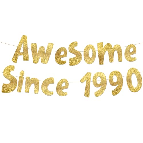 Image of Pre-Strung Awesome Since 1990 Gold Glitter Banner - Funny 36th Birthday and Anniversary Decorations for Men and Women - Party Supplies and Gifts