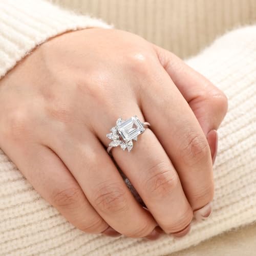 Wuziwen East To West Ring Emerald Cut Solitaire Ring Wedding Engagement Ring for Women 925 Sterling Silver CZ2