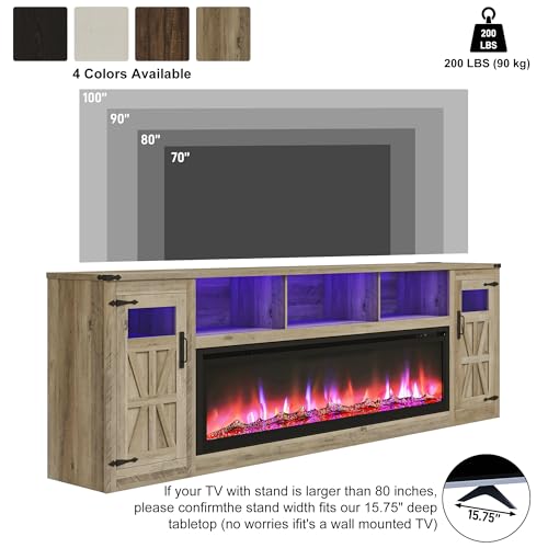 Image of Fireplace TV Stand for 100 Inch TV, 95 inch Farmhouse Entertainment Center with 60 inch Electric Fireplace & LED Lights, Large Media Console for Living Room, Rustic Barn Doors, Power Outlets,Grey