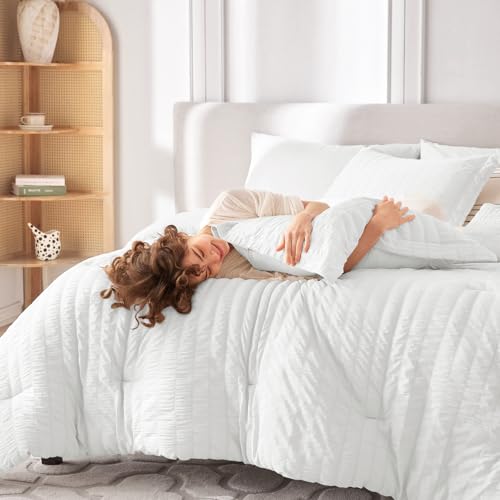 Image of MUXHOMO 7 Pieces Oversized Queen Comforter Set, Seersucker Bed in a Bag Oversized Queen Size, All Season Luxury Bedding Set with Comforter, Flat Sheet, Fitted Sheet, Pillowcases & Shams, White