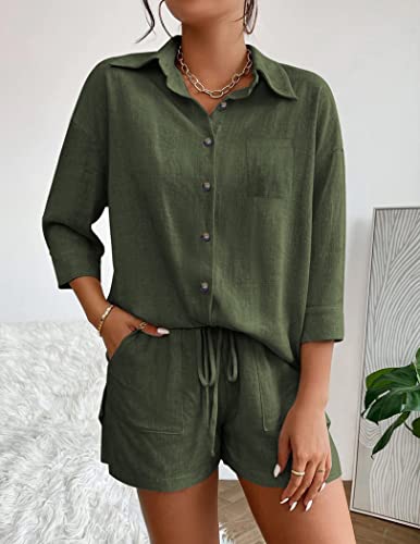 Beyove Women's Casual 2 Piece Linen Set Outfits Set Loose Fit Tracksuit Oversized Tops 3/4 Sleeve Button Shirt Shorts Set, Army Green Xxl #TOP2