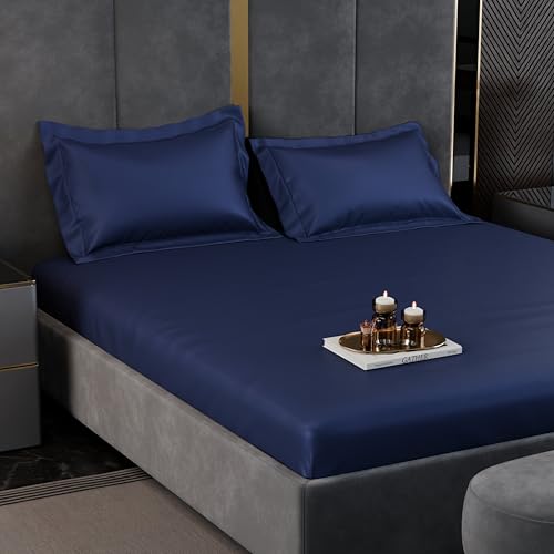 Image of Stoa Paris 350TC Luxstre Cotton Double Fitted Bedding Set with 2 Pillow Covers, All-Around Elastic Fitted Bedsheet 152cm x 198cm + 30cm Drop, All Season Comfort, Breathable, Panache - Navy