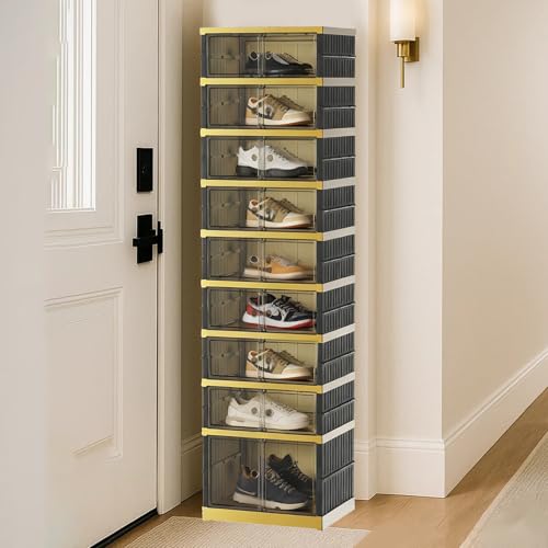 Image of SYNCVIBE Shoe Rack Organizer for Closet Entryway Foldable Sneaker Storage Shoe, Collapsible Shoe Cabinet, Stackable Shoe Storage Cabinet with Lids for Living Room (9 Tiers -18 Pairs Black Gold)