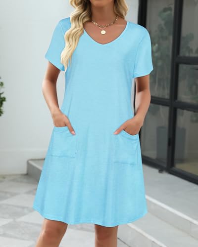 Image of CHICGAL Summer Dresses for Women V Neck Short Sleeve Casual Loose T Shirt Sundress Beach Cover Ups with Pockets 2026