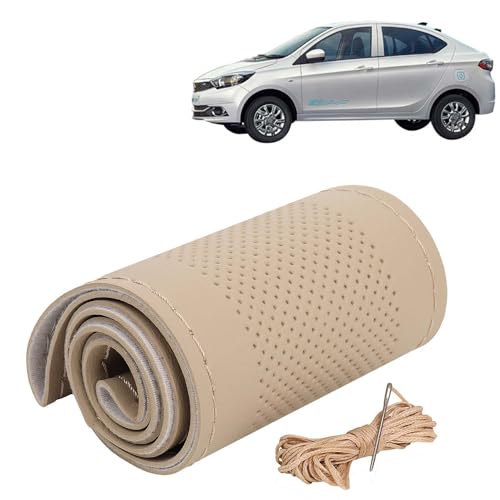 Image of KINGSWAY PU Leatherite Car Steering Cover Sewable Compatible with Tata Tigor EV (Year 2019 Onwards), Beige Color with Beige Thread, Pack of 1 with Sewing Needle and Thread