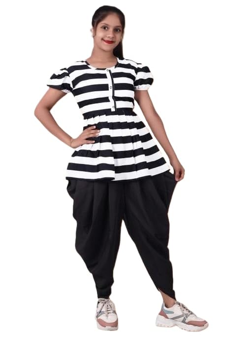 Image of N K Enterprises Kids Printed Short Kurti and Dhoti Pants Set | Festive for Girls