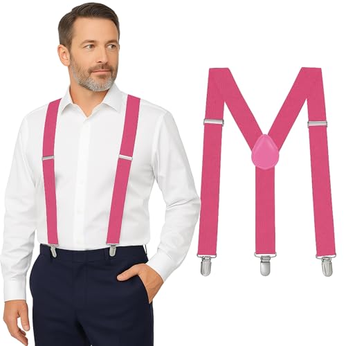 Pink Suspenders for Men Heavy Duty Adjustable 1 Y-Back Mens Suspenders for Dress Pants | Strong Metal Clips Durable Elastic Straps Leather Reinforcement Comfortable Formal Everyday Wear