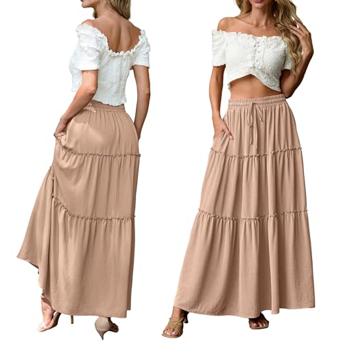 Image of Lepunuo Womens Casual Boho High Waisted Flowy Maxi Skirts Tiered Floral Long Skirts with Pockets for Summer Beach Vacation