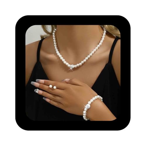 Cimenexe Böhmische Kristall Perlen Kette Halskette Silber Cz Kugel Choker Halskette Weiße Perle Kragen Halskette Perle Strass Ohrringe Armband Halskette Set Schmuck Für Frauen