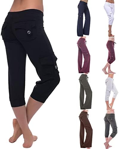 QSXLTS Cargo Pants Women High Waist Yoga Pants with Pockets Casual Capris Joggers Drawstring Cropped Harem Pants Sweatpants A-Black