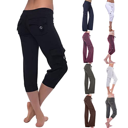 Qsxlts Cargo Pants Women High Waist Yoga Pants With Pockets Casual Capris Joggers Drawstring Cropped Harem Pants Sweatpants A-Black #TOP19