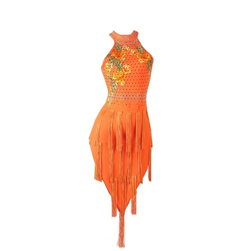 LIUHUO Ladies Latin Tango Rumba Cha Cha Dance Belly Dance Dress Fringe Skirt Orange