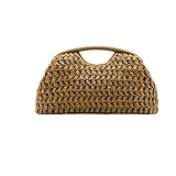 Gyios Bolso de Mano Mujer Fibra Natural, Tejido Paja para Playa, Informal Vacaciones, Concha, Elegante Mujer-Amarillo Marrón