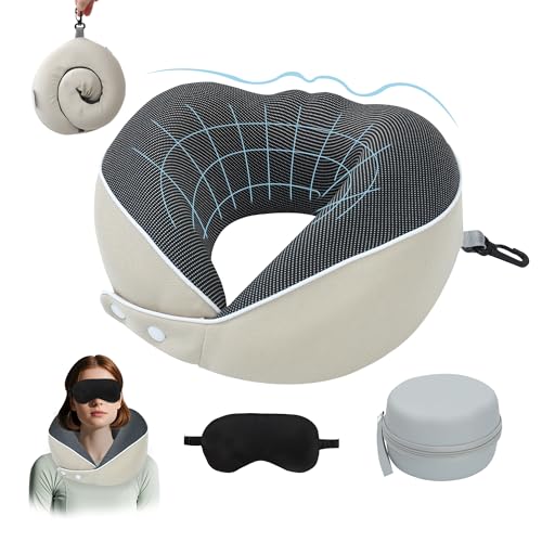 Chumix Almohada de Viaje para Cuello, Almohada Cervical para Oficina Avión Tren Coche Viajando, Plegable con MáScara 3D y Estuche, Cojin Cervical Viaje con Gancho para Facilitar el Viaje (Beige)