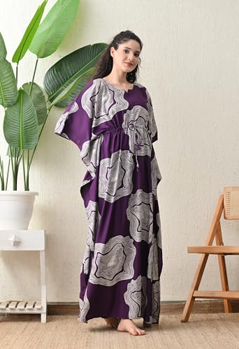 Image of Ichaa Women's Pink Rayon Printed Round-Neck Kaftan-Style Free Size Nighty with Drawstring