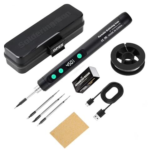 Kit de soldador inalámbrico, soldador portátil recargable por USB con pantalla LCD, temperatura ajustable de 180 °C a 450 °C, 3 puntas de soldadura, pasta de soldadura, cable de soldadura, color negro