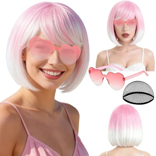 Image of PLULON Pink White Ombre Bob Wig with Bangs for Women Men, Colorful Short Funny Bob Wigs with Heart Sunglasses and Hair Cap Colored Cosplay Hairpieces for Halloween Costume Neon Bachelorette Party