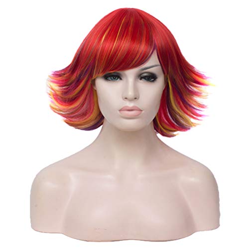 BUFASHION 12 Inch Short Curly Synthetic Wigs for Women Pixie Fluffy Natrual Cosplay Costume Wig with Side Part Bangs (Rainbow Color 5)