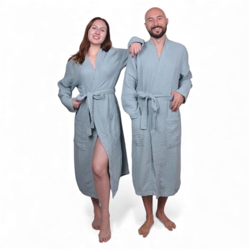 Image of Muslin Bathrobe - Cotton Gauze Robe for Women and Men - Lightweight Breathable Summer Kimono - Boho Spa /Maternity Robe