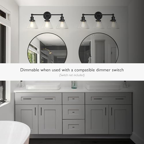 Image of Design House Augustin Vanity Light, 3-Light, Seeded Glass Warm Glow, Dimmable, Up /Down Glow, Easy Installation, E26 Socket, Black, 25.9 in L x 8.3 in D x 11.1 in H, 589036-BLK