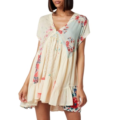 Image of Women Floral Mini Dress Y2k Deep V Neck Puff Sleeve Flowy Short Dress 2025 Summer Boho Beach Vacation Sundress (Apricot,M)