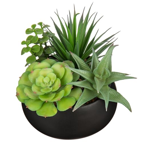 Arborus Plantas artificiales pequeñas suculentas artificiales en maceta de cerámica, plantas artificiales con maceta negra para decoración del hogar