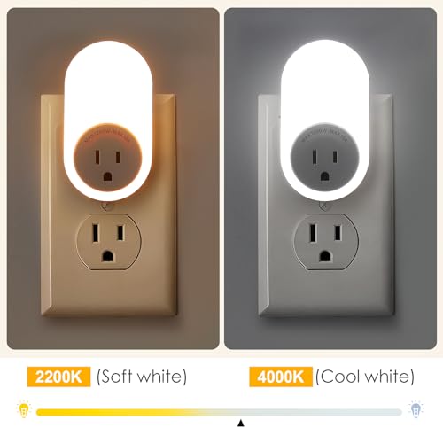 Image of Dawnrise Night Lights Plug Into Wall, Dusk to Dawn Sensor Night Light with Power Outlet, CCT 2200K or 4000K, 5Lm or 20Lm Adjustable Brightness for Bedroom, Kitchen, Living Room, Office, 2PK