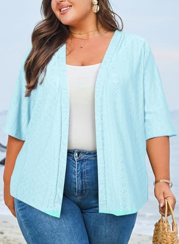 Image of Eytino Plus Size Cardigan for Women Half Sleeve Knitted Jacquard Summer Kimono Cover up Tops(1X-5X)