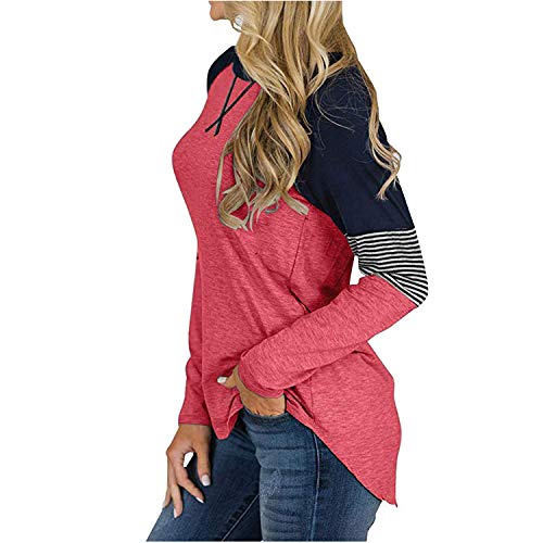 Women's Color Block Crew Neck Tunic Tops Casual Long Sleeve Pullover Shirt Blouse Red