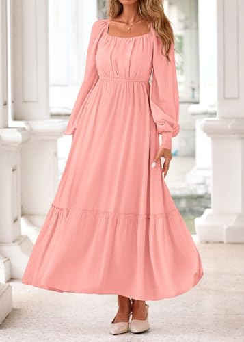 KIRUNDO Casual Fall Dresses for Women 2026 Flowy Long Sleeve Maxi Dress Smocked Empire Waist Square Neck Wedding Party(Pink, XX-Large) — view 5
