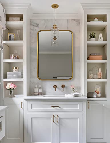 Image of ANDY STAR Gold Mirror Bathroom, 20x28'' Rounded Rectangle Mirror, Brushed Brass Bathroom Vanity Mirror in SUS304 Metal Tube Frame(Rustproof) 1'' Deep Wall-Mounted Mirrors Vertically /Horizontally