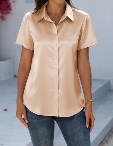 Zeagoo Womens Satin Shirt Short Sleeve Silky Formal Button Down Tops Fall — view 5