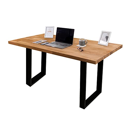 domli Bureau en chêne huilé massif avec pieds industriels noirs | 800 mm x 500 mm x 40 mm | Table et pieds en bois européen entièrement fini de qualité...