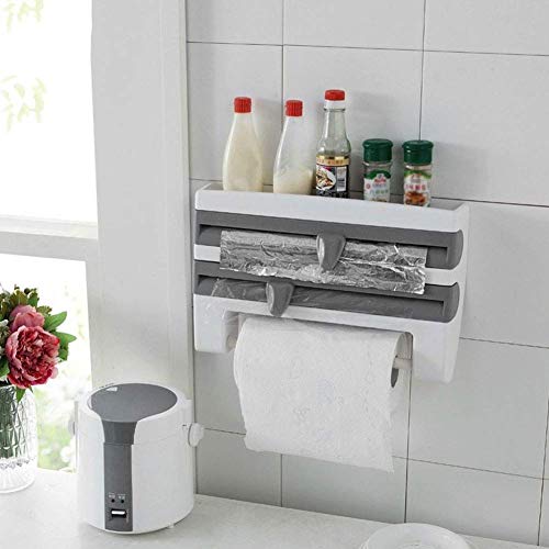Dispensador de rollos de cocina 3 en 1, papel de aluminio montado en la pared y soporte de película adhesiva, con cortador