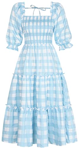 Ocean Plus Femme Robe Plissée Col Rond et Manches Bouffantes avec Volants et Manches Moyenne (XL (EU 40),Bleu Ciel)