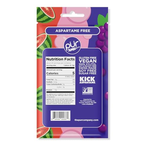 Image of PUR Jumbo Gum, Grape, Bubblegum, Watermelon, Xylitol Gum, 20 Count (Pack of 100)