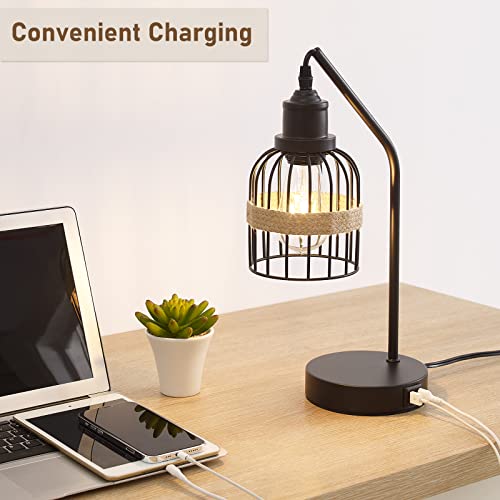 Akasuki Industrial Table Lamp Set Of 2, Vintage Black Bedside Lamp With Dual Usb Charging Ports, 3-Way Dimmable Touch Control Farmhouse Nightstand Lamps With Metal Cage Shade(Led Bulbs Included) #TOP3